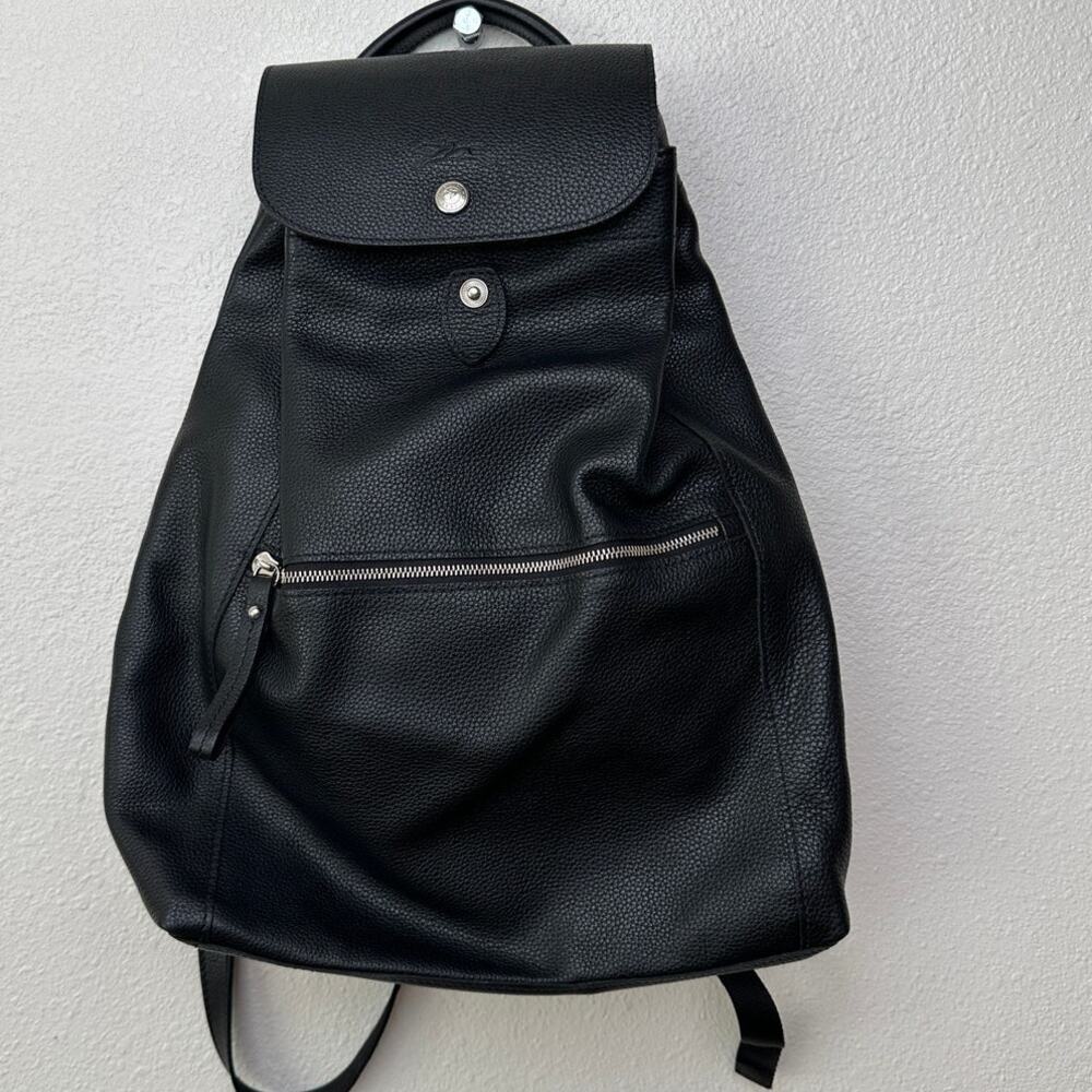 Longchamp Black Leather Le Foulonné Backpack Medium Silver Hardware